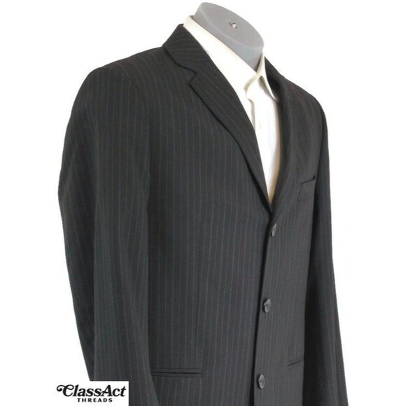 J. Ferrar Black Mens Modern Fit 2 Piece Suit 3 Btn Black Striped 40R 34" Waist - Picture 5 of 10